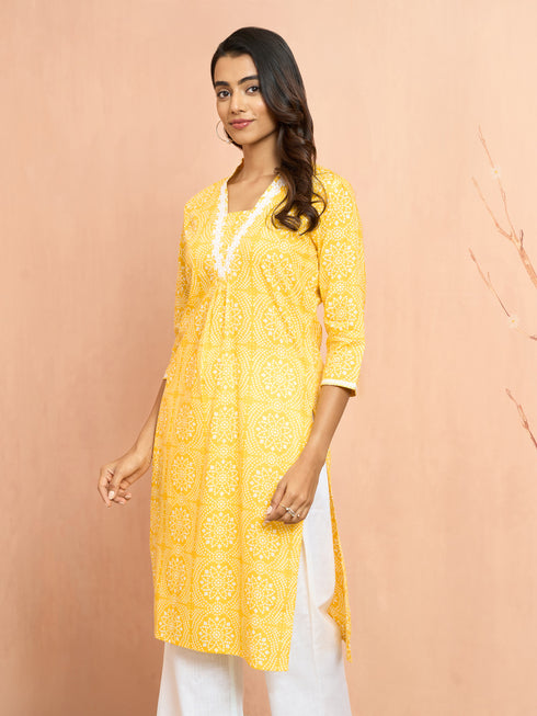 Women's Yellow Bandhani Print Cambric Kurta