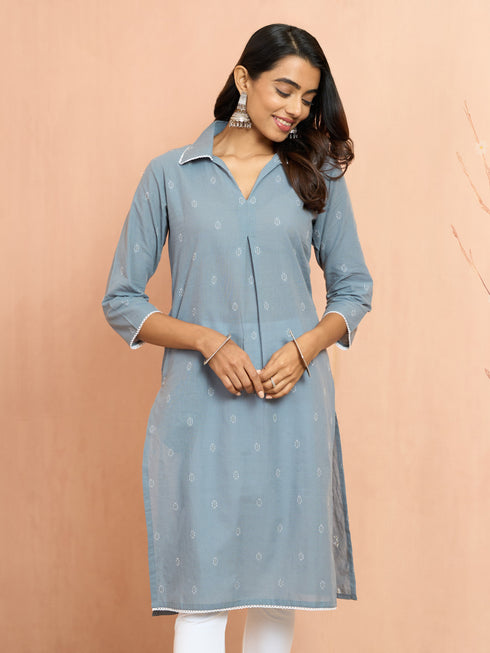 Women's Grey Cotton Dobby Kurta