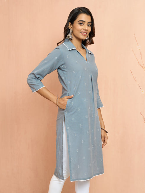 Women's Grey Cotton Dobby Kurta