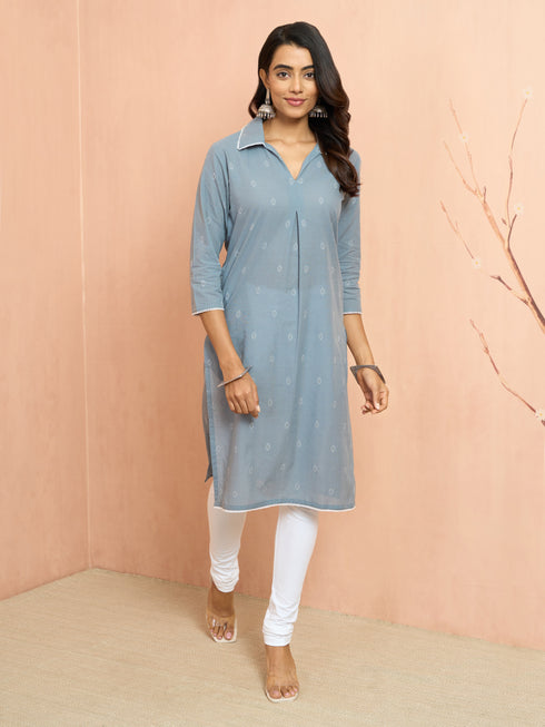 Women's Grey Cotton Dobby Kurta