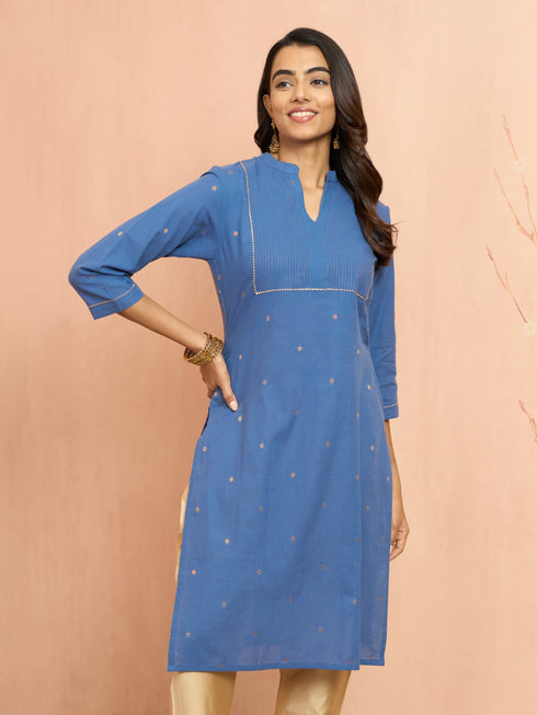Women's Blue Cotton Lurex Dobby Kurta