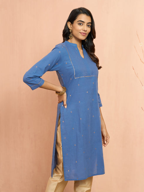 Women's Blue Cotton Lurex Dobby Kurta