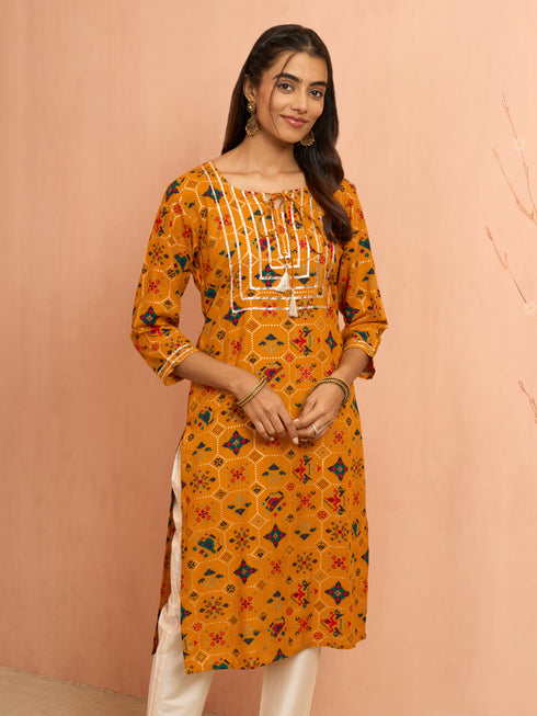 Women's Mustard Patola Print Foil Kurta