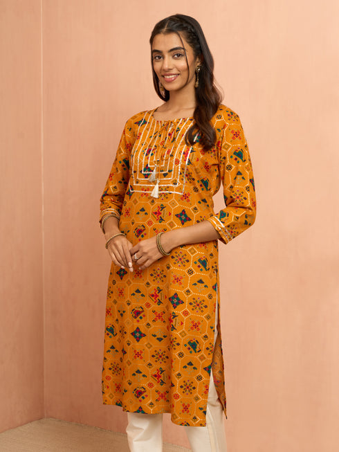 Women's Mustard Patola Print Foil Kurta
