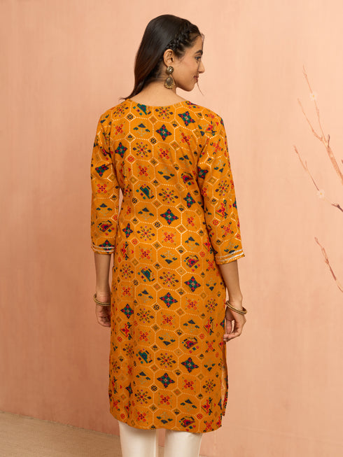 Women's Mustard Patola Print Foil Kurta