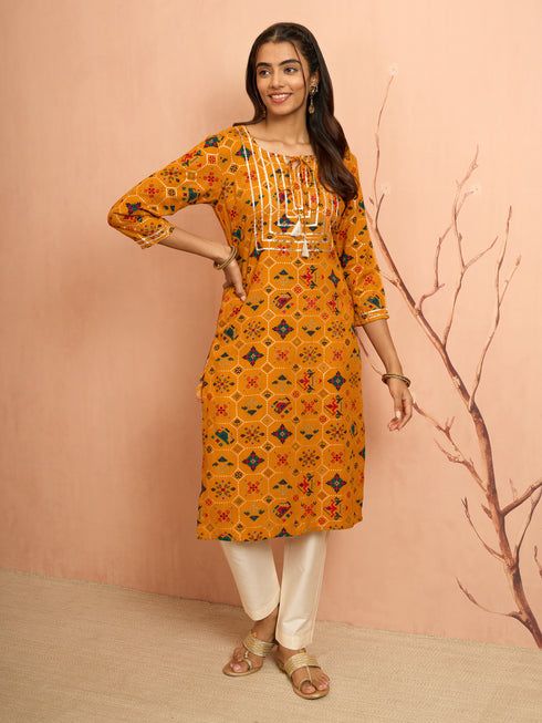 Women's Mustard Patola Print Foil Kurta