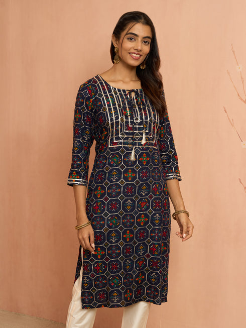 Women's Navy Blue Patola Print Foil Kurta