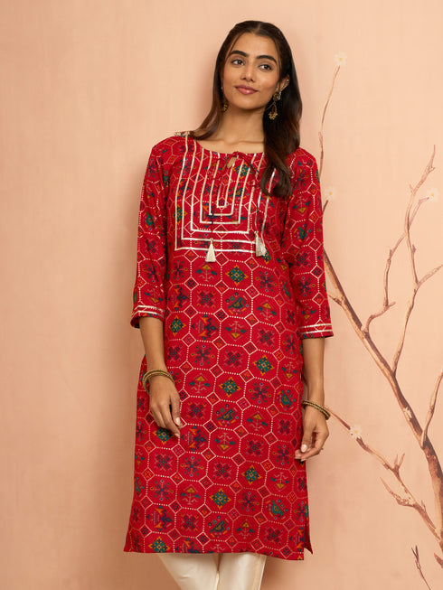 Women's Red Patola Print Foil Kurta