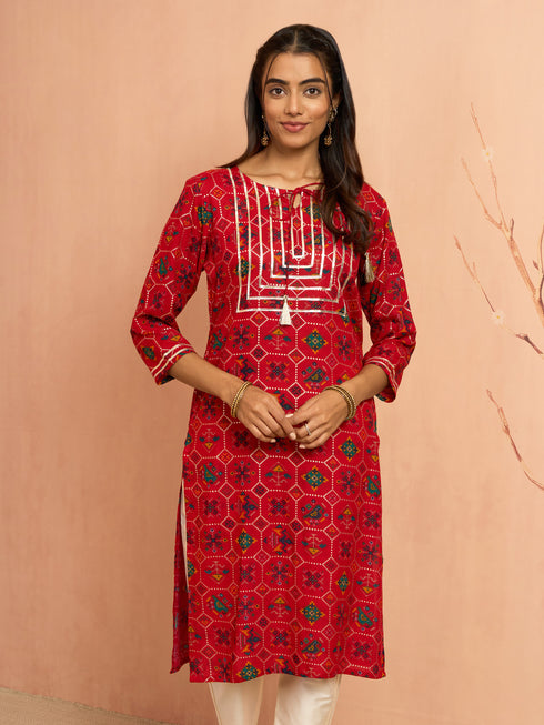 Women's Red Patola Print Foil Kurta