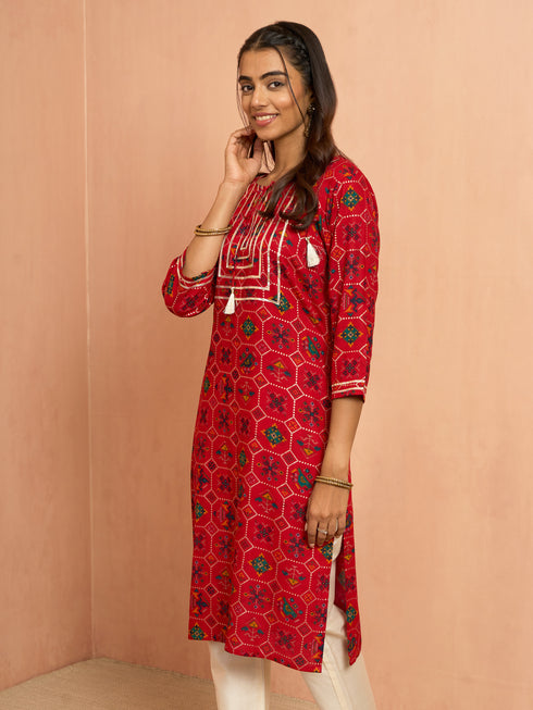 Women's Red Patola Print Foil Kurta