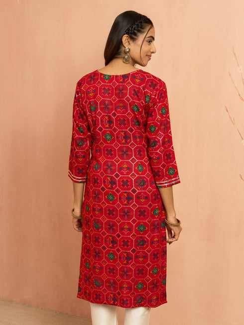 Women's Red Patola Print Foil Kurta