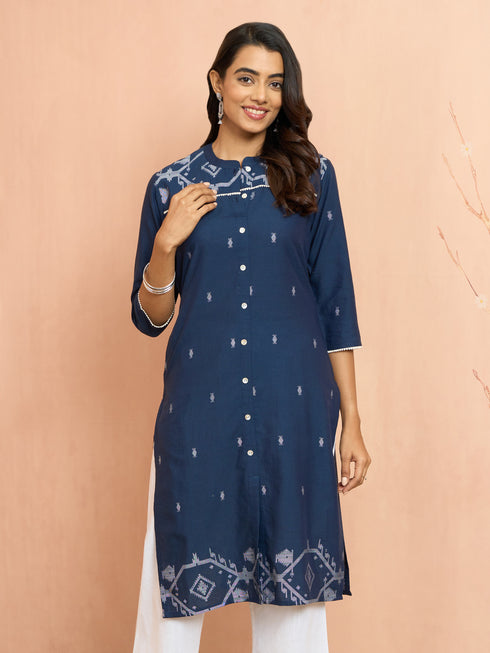 Women's Navy Blue Jamdani Jacquard Kurta