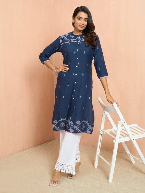 Women's Navy Blue Jamdani Jacquard Kurta