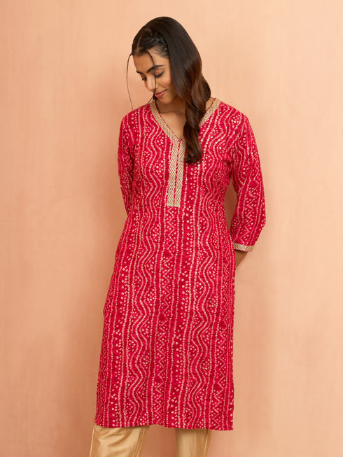 Women's Falsa Bandhani Foil Print Rayon Kurta
