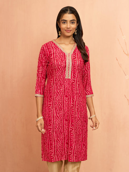 Women's Falsa Bandhani Foil Print Rayon Kurta