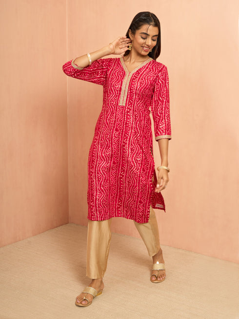 Women's Falsa Bandhani Foil Print Rayon Kurta