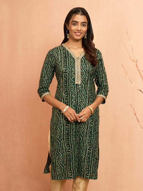 Women's Green Bandhani Foil Print Rayon Kurta