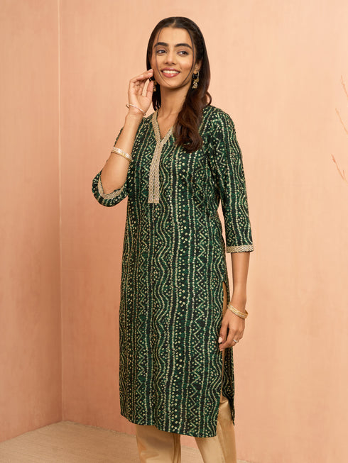 Women's Green Bandhani Foil Print Rayon Kurta