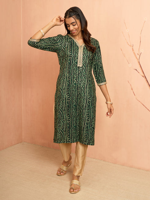Women's Green Bandhani Foil Print Rayon Kurta
