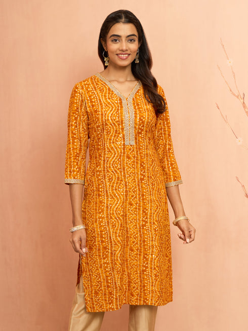 Women's Mustard Bandhani Foil Print Rayon Kurta