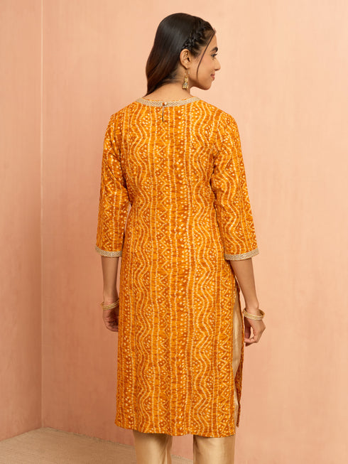Women's Mustard Bandhani Foil Print Rayon Kurta