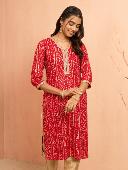Women's Red Bandhani Foil Print Rayon Kurta