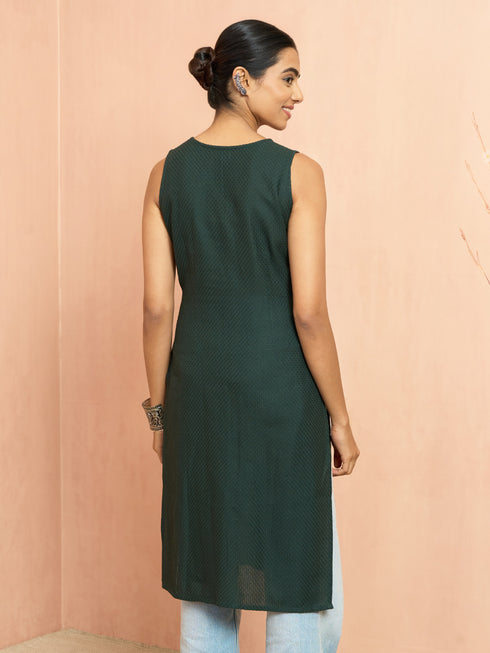 Women's Bottle Green Moonlight Jacquard Kurta