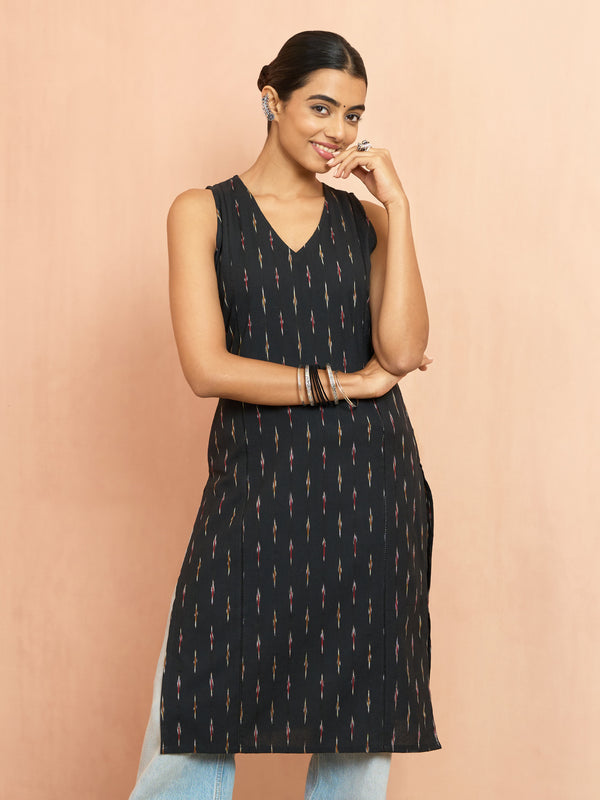 Women's Black Cotton Ikkat Sleeveless Kurta