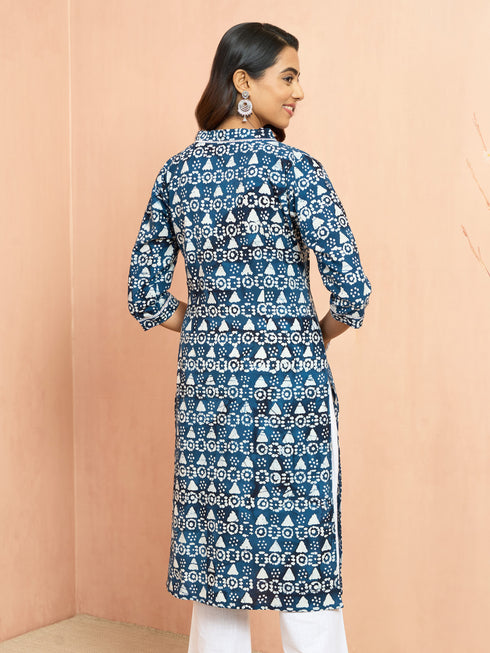 Women's Blue Cotton Batik Kurta