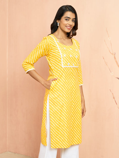 Women's Yellow Lehariya Print Embroidered Kurta