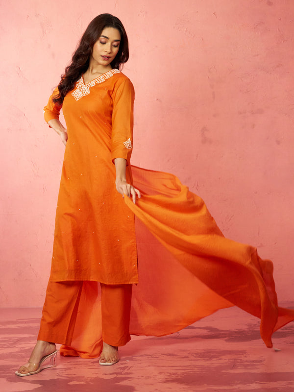 Women's Orange Chanderi Straight Kurta Set
