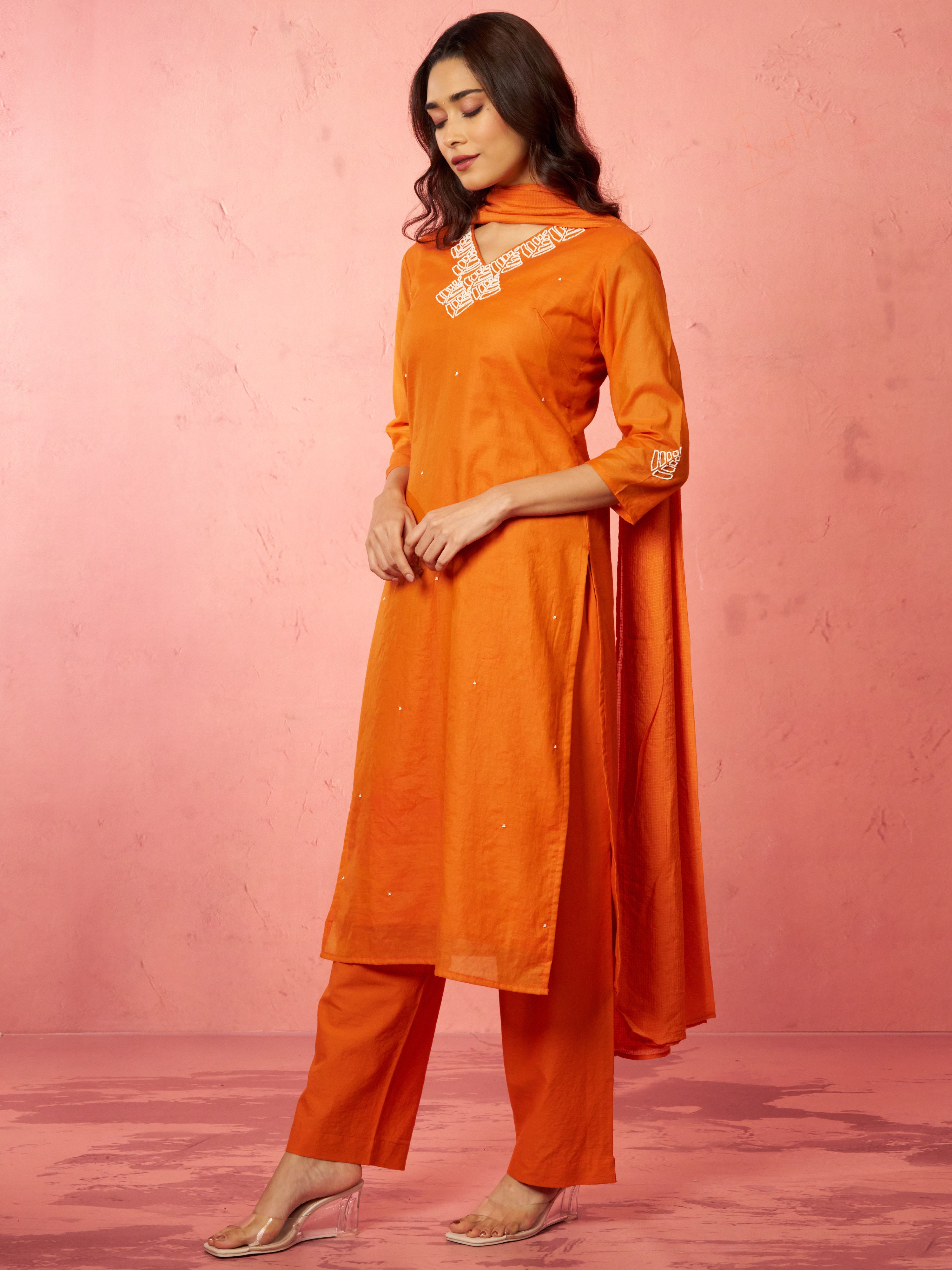 Women's Orange Chanderi Straight Kurta Set