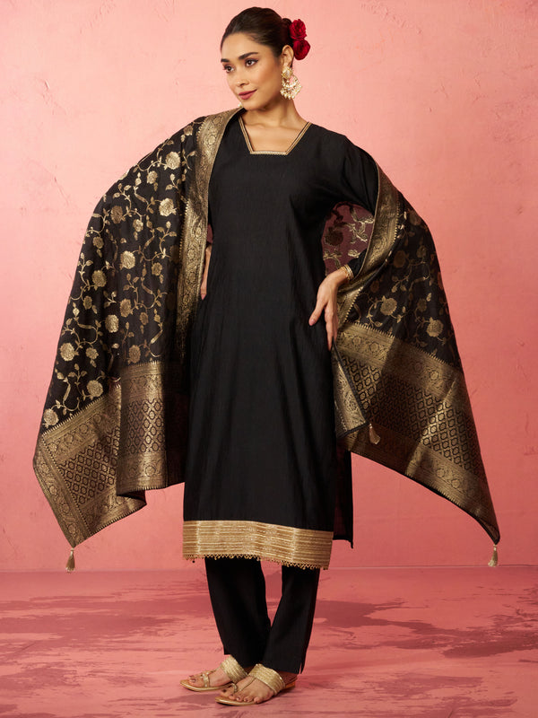 Women's Black Cotton Straight Kurta Set