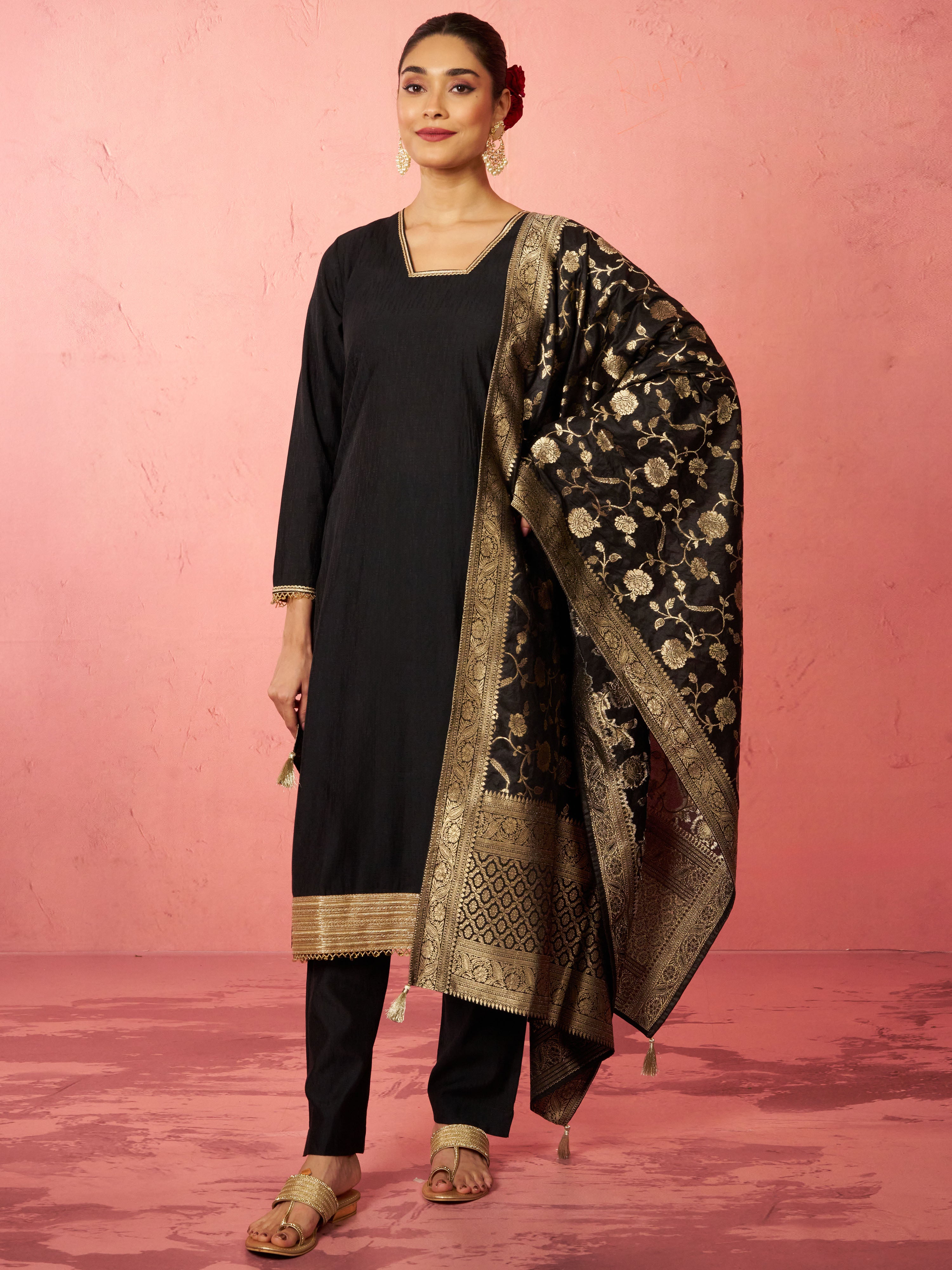 Women's Black Cotton Straight Kurta Set