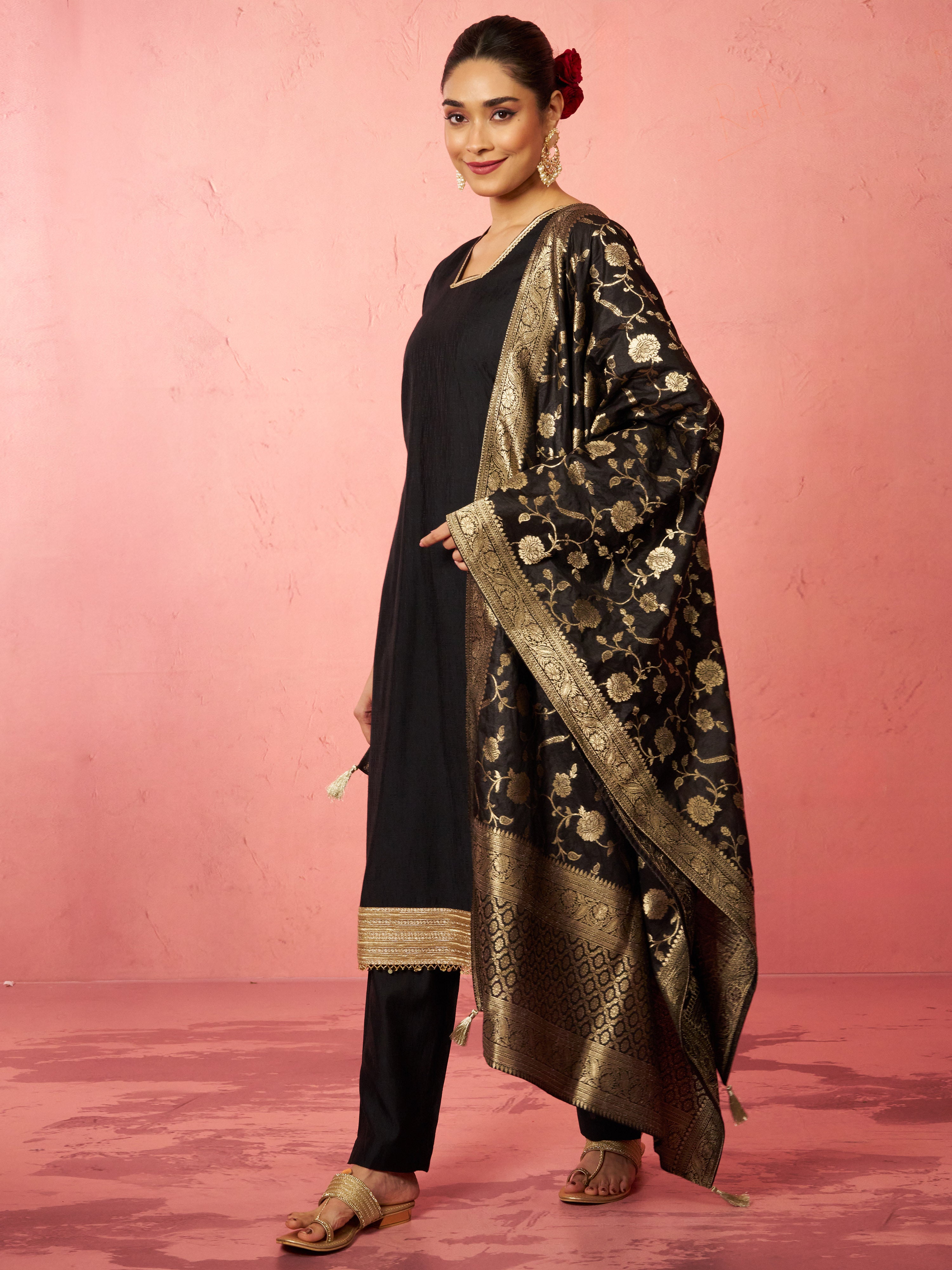 Women's Black Cotton Straight Kurta Set