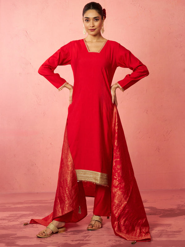 Women's Red Cotton Straight Kurta Set