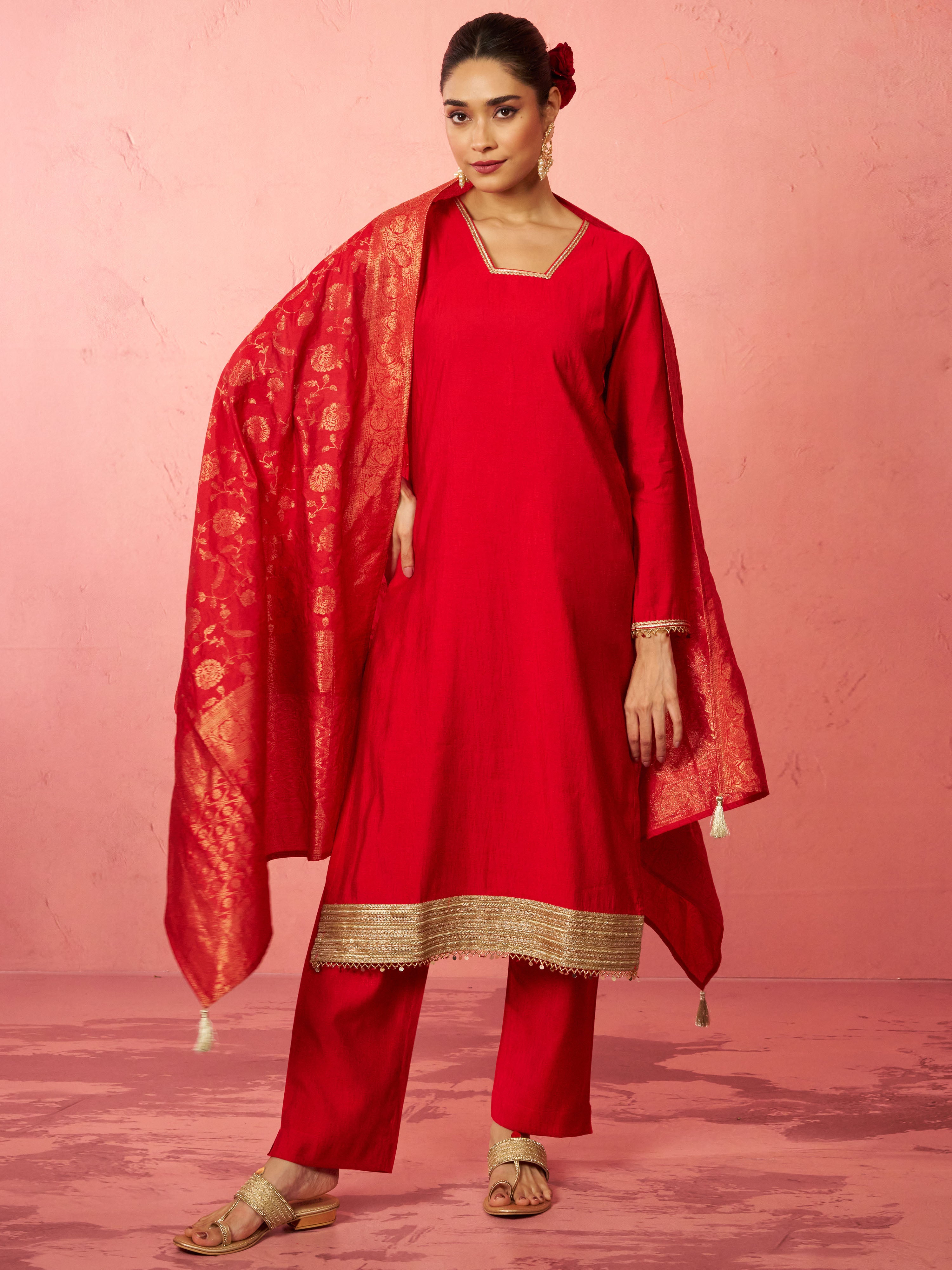 Women's Red Cotton Straight Kurta Set