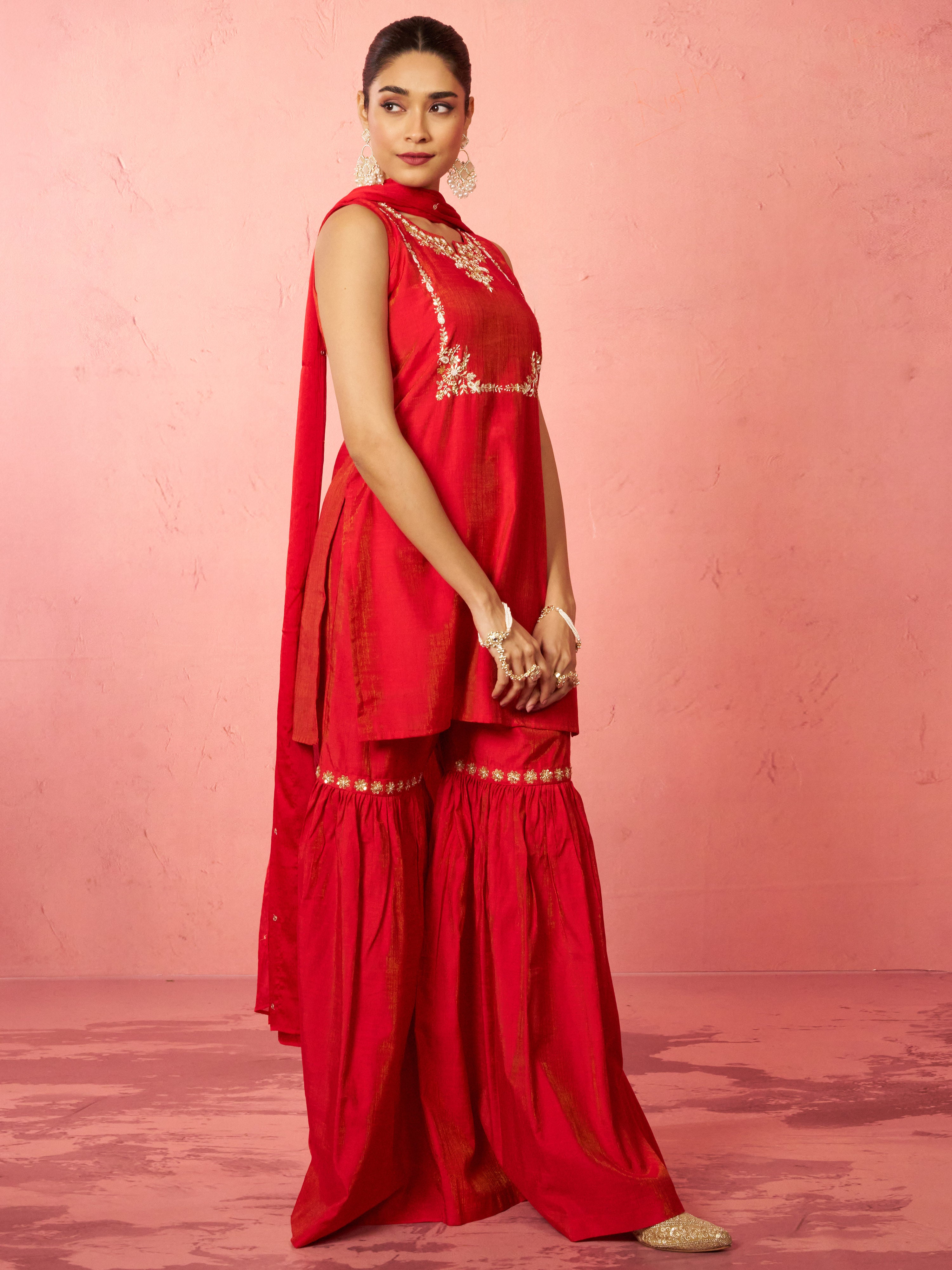 Women's Red Cotton Kurta Sharara Set