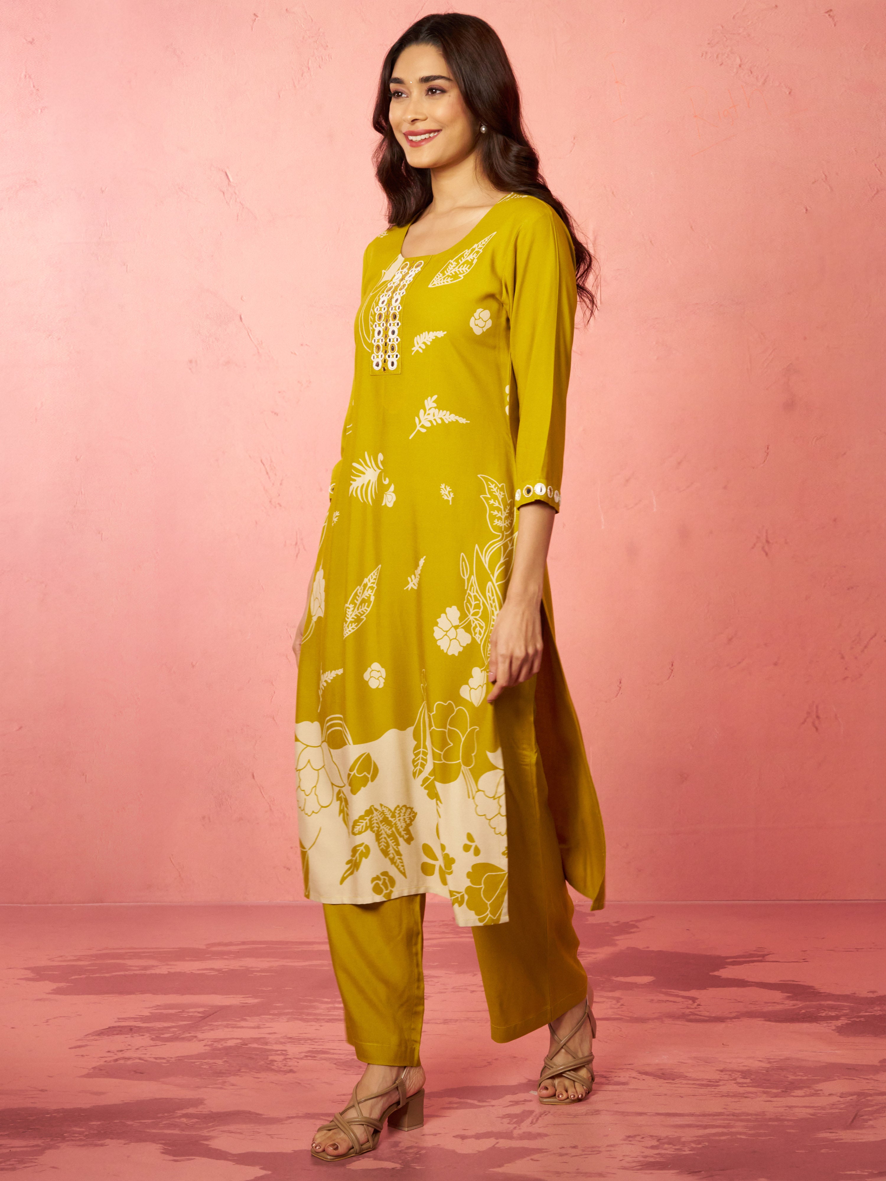 Women's Mehendi Green Rayon Mirror Work Kurta Set with Palazzo