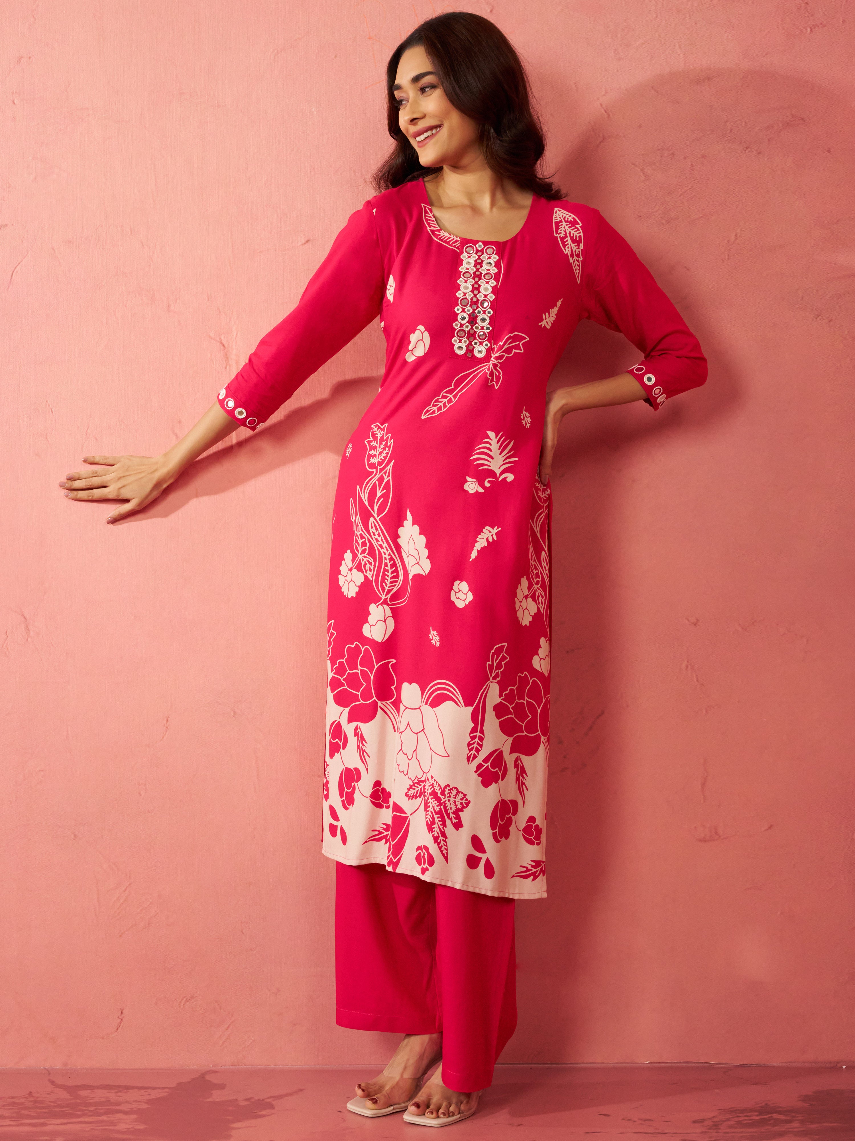 Women's Pink Rayon Mirror Work Kurta Set with Palazzo
