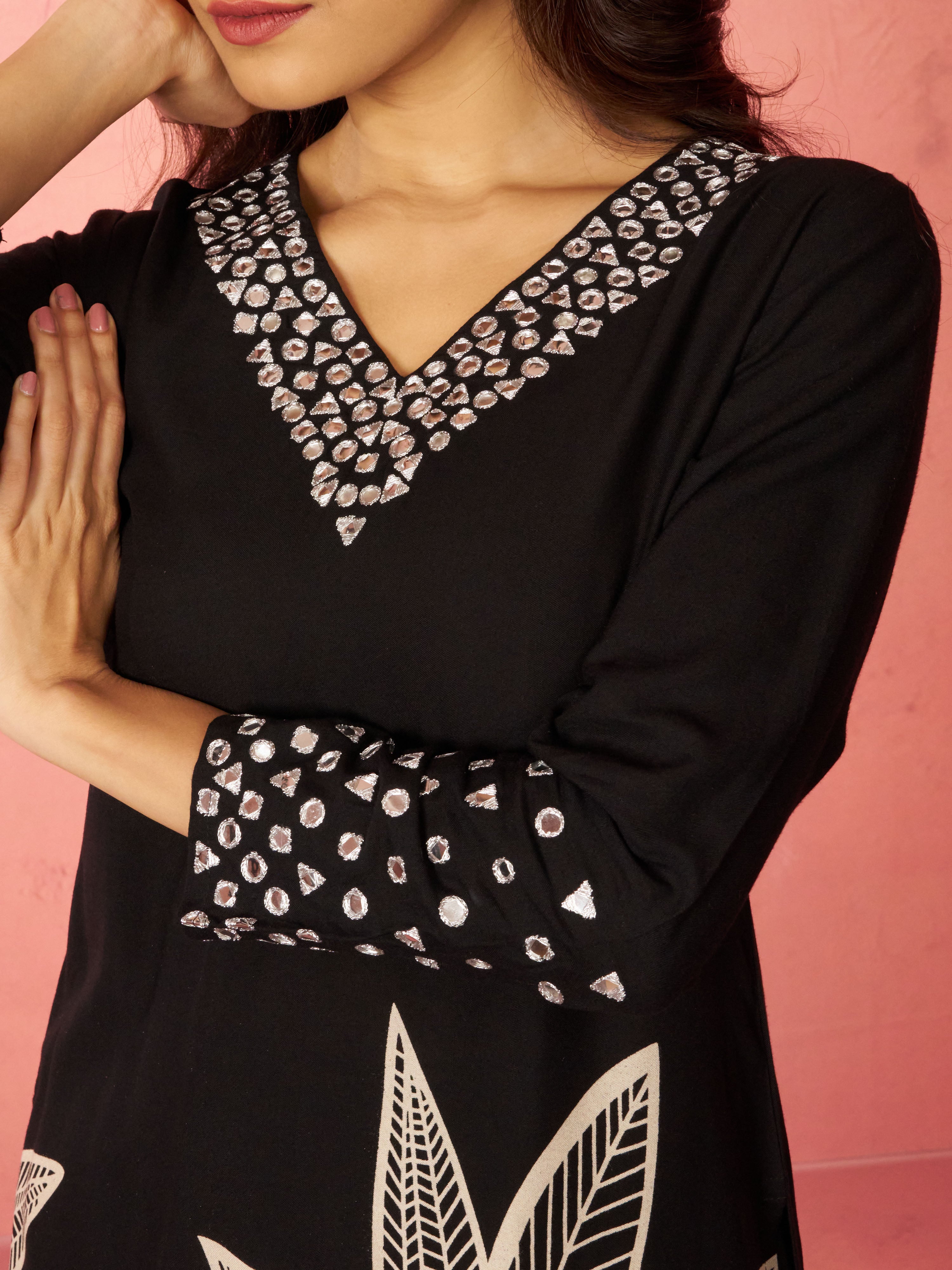 Women's Black Rayon Mirror Work Kurta Set with Flare Pants