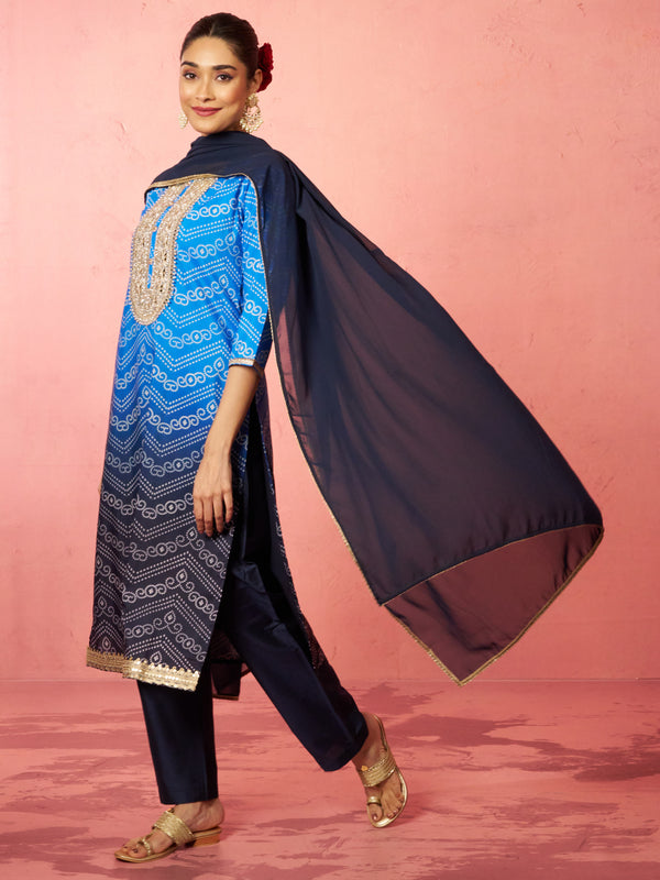 Women's Blue Muslin Bandhani Kurta Set with Straight Pants & Dupatta