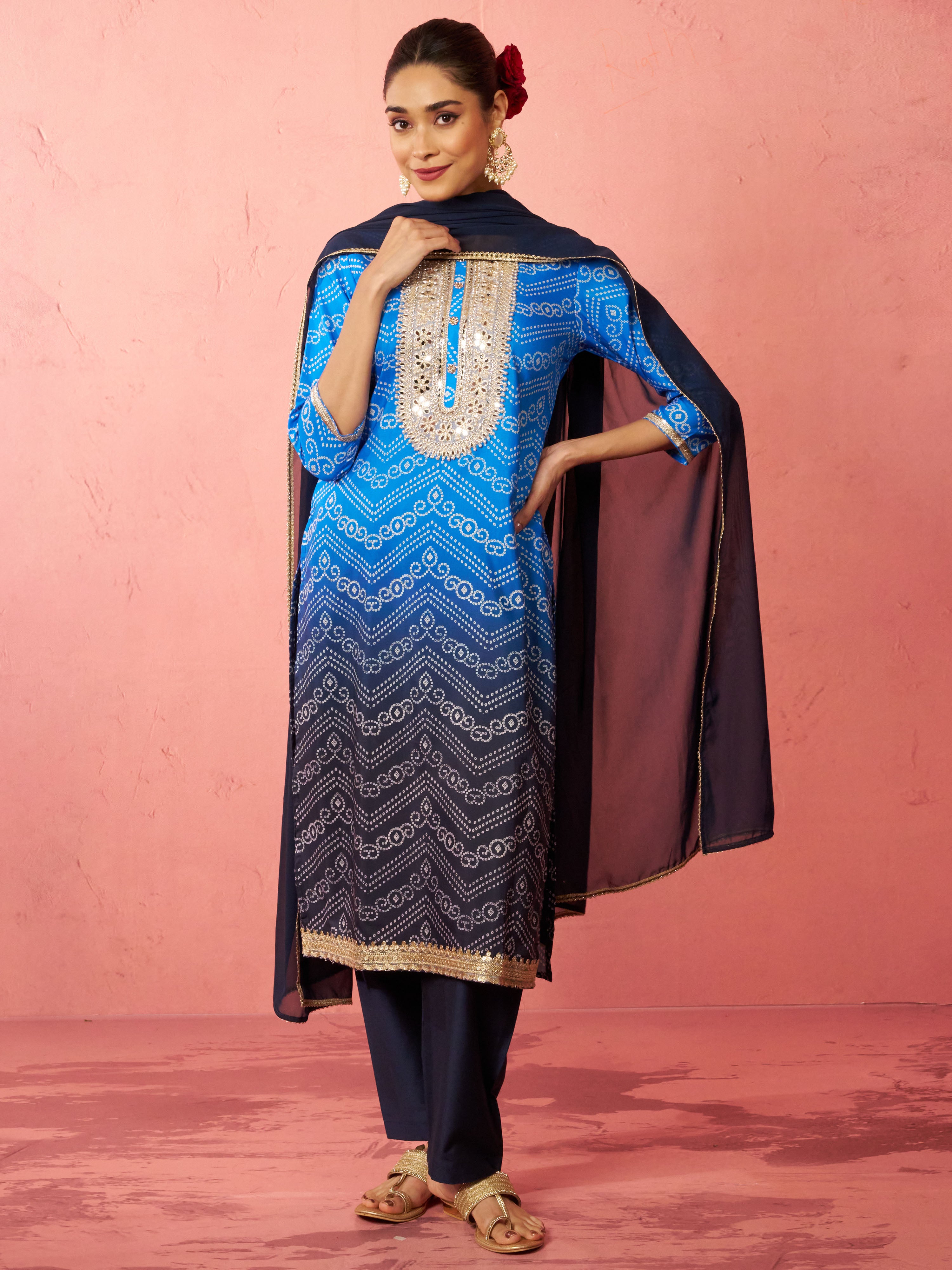 Women's Blue Muslin Bandhani Kurta Set with Straight Pants & Dupatta