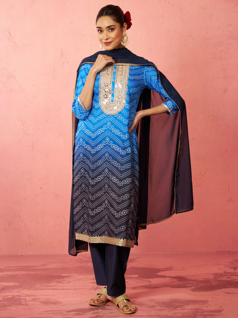 Women's Blue Muslin Bandhani Kurta Set with Straight Pants & Dupatta