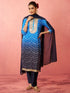 Women's Blue Muslin Bandhani Kurta Set with Straight Pants & Dupatta