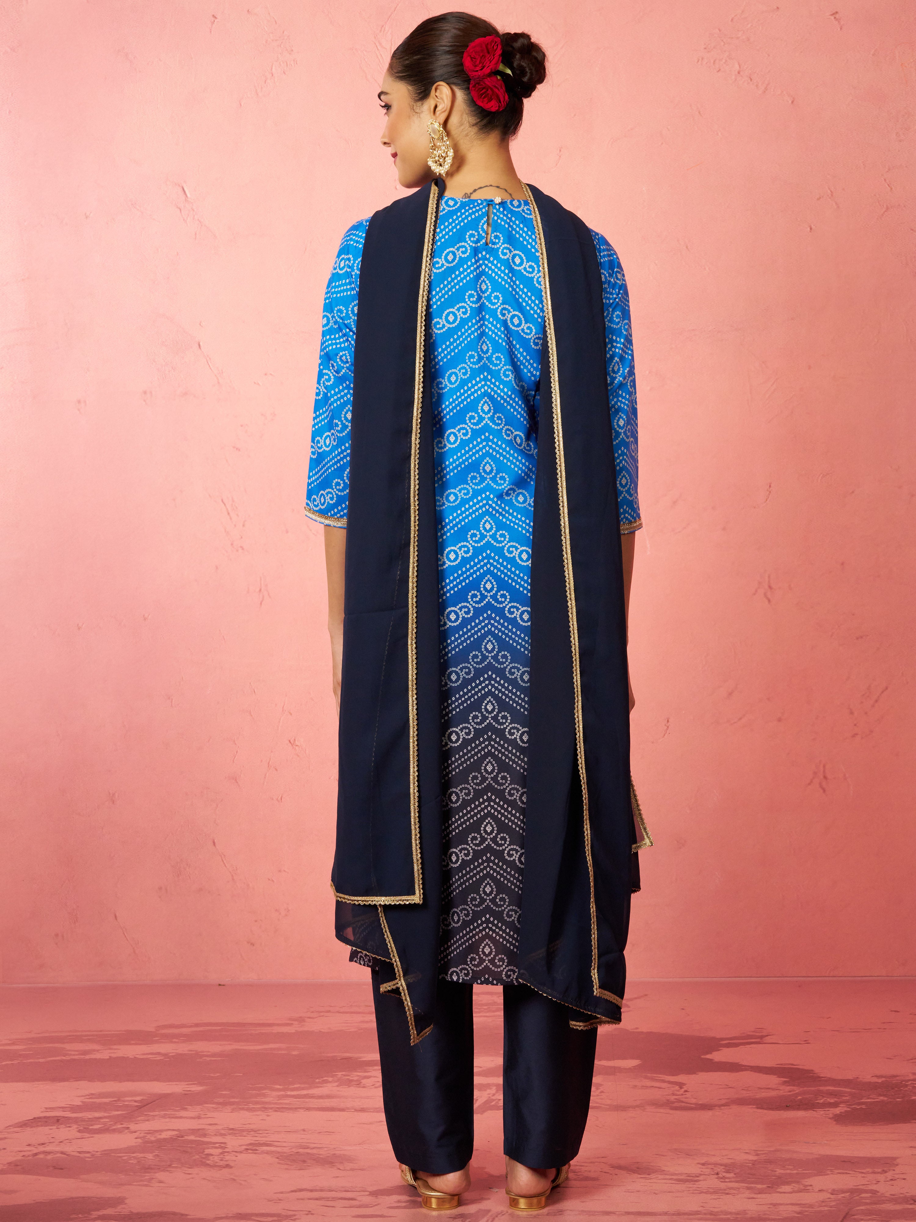 Women's Blue Muslin Bandhani Kurta Set with Straight Pants & Dupatta