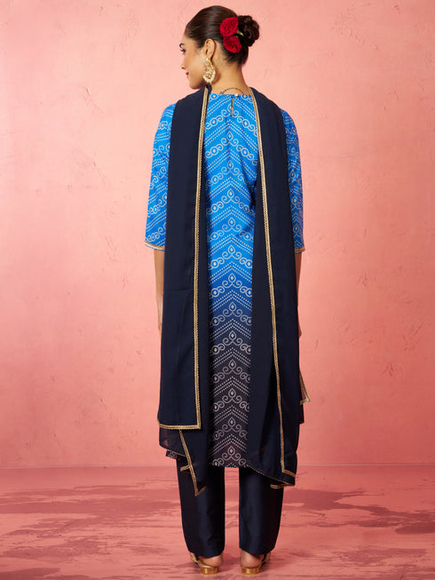Women's Blue Muslin Bandhani Kurta Set with Straight Pants & Dupatta