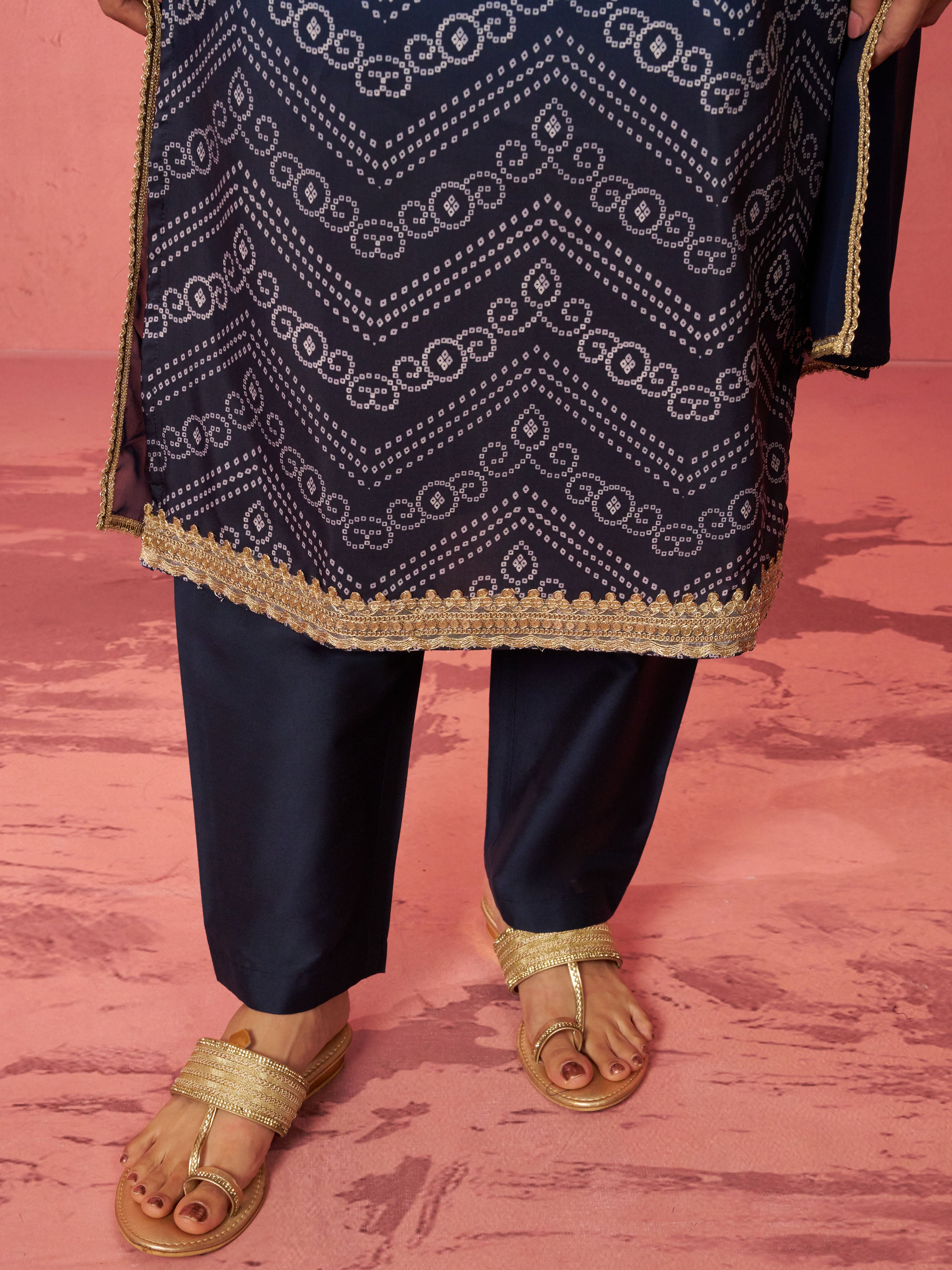 Women's Blue Muslin Bandhani Kurta Set with Straight Pants & Dupatta