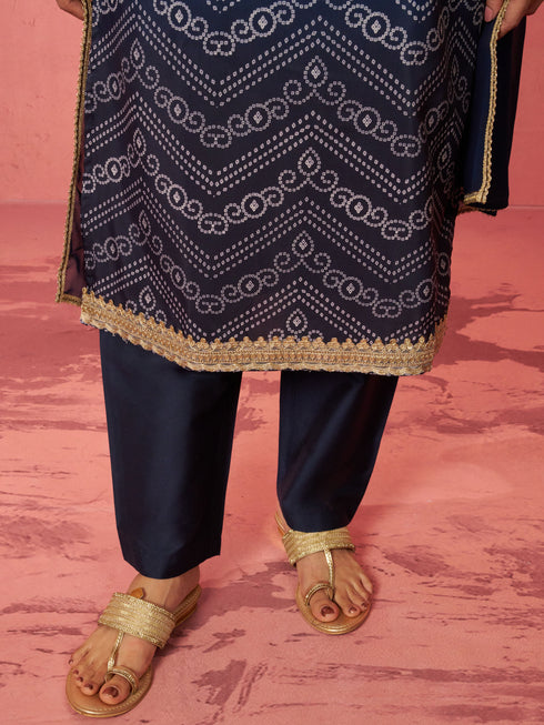 Women's Blue Muslin Bandhani Kurta Set with Straight Pants & Dupatta