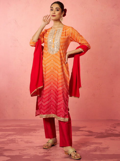 Women's Orange Muslin Bandhani Kurta Set with Straight Pants & Dupatta